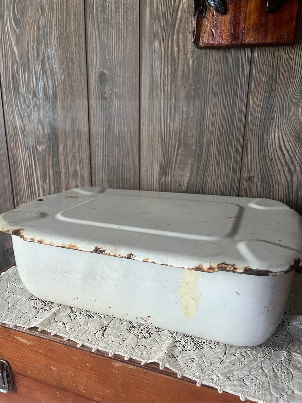 Vintage White Enamel Roasting Pan with Lid